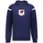 The WRS Augusta England Heritage Prep Vintage Shield Hoodie features navy blue fabric, white sleeve stripes, a front pocket, and a chest crest with a red rose and "1871," combining classic style with vintage English heritage.