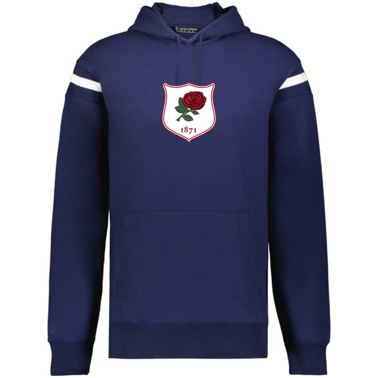 The WRS Augusta England Heritage Prep Vintage Shield Hoodie features navy blue fabric, white sleeve stripes, a front pocket, and a chest crest with a red rose and "1871," combining classic style with vintage English heritage.