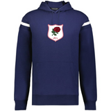 The WRS Augusta England Heritage Prep Vintage Shield Hoodie features navy blue fabric, white sleeve stripes, a front pocket, and a chest crest with a red rose and "1871," combining classic style with vintage English heritage.