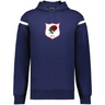 The WRS Augusta England Heritage Prep Vintage Shield Hoodie features navy blue fabric, white sleeve stripes, a front pocket, and a chest crest with a red rose and "1871," combining classic style with vintage English heritage.