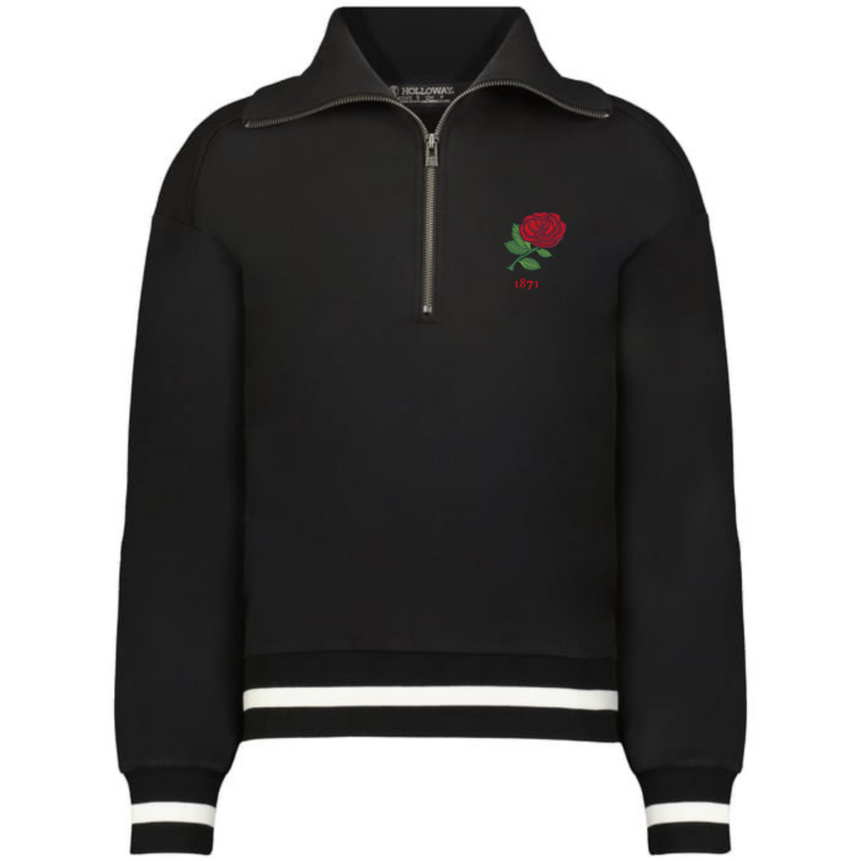 The EMB Augusta Women's Vintage England Heritage Prep Pullover features black fabric, white cuff and hem stripes, and "1871" with a red rose embroidered on the chest—delivering classic sweater vibes.