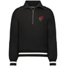 The EMB Augusta Women's Vintage England Heritage Prep Pullover features black fabric, white cuff and hem stripes, and "1871" with a red rose embroidered on the chest—delivering classic sweater vibes.