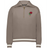 The EMB Augusta Women's Vintage England Heritage Prep Pullover is a beige quarter-zip with white-striped cuffs and hem, featuring a red rose and "1871" on the chest—honoring classic heritage prep style.
