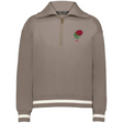 The EMB Augusta Women's Vintage England Heritage Prep Pullover is a beige quarter-zip with white-striped cuffs and hem, featuring a red rose and "1871" on the chest—honoring classic heritage prep style.