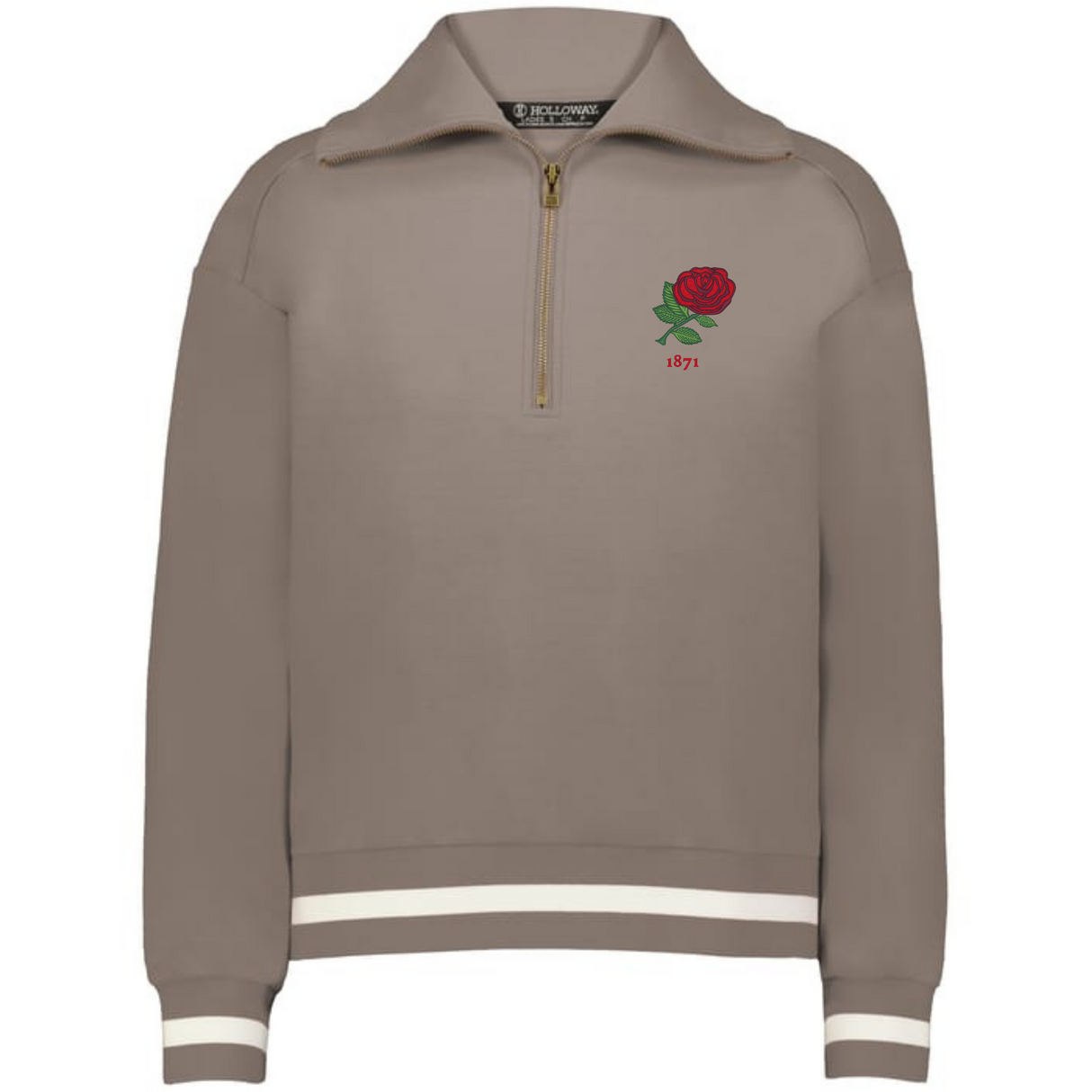 The EMB Augusta Women's Vintage England Heritage Prep Pullover is a beige quarter-zip with white-striped cuffs and hem, featuring a red rose and "1871" on the chest—honoring classic heritage prep style.