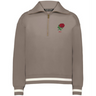 The EMB Augusta Women's Vintage England Heritage Prep Pullover is a beige quarter-zip with white-striped cuffs and hem, featuring a red rose and "1871" on the chest—honoring classic heritage prep style.