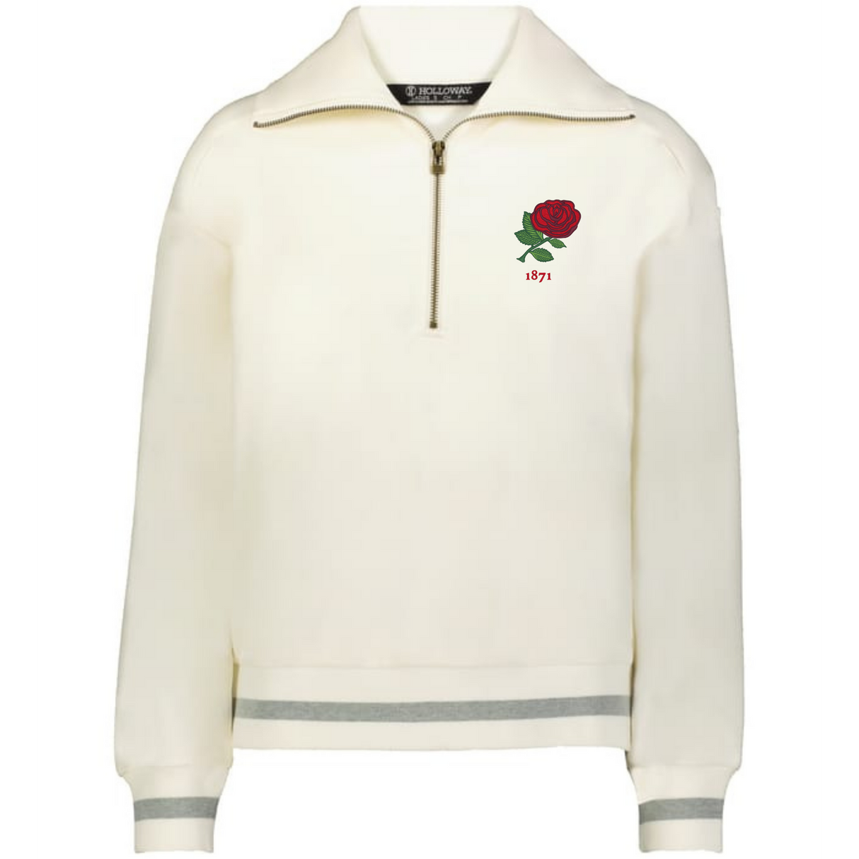 The EMB Augusta Women's Vintage England Heritage Prep Pullover is a cream quarter-zip sweater with grey trim, featuring a red rose and "1871" embroidered on the left chest.