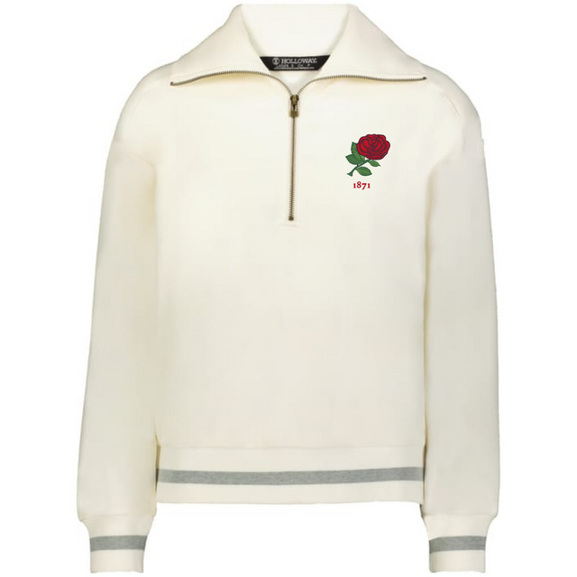 The EMB Augusta Women's Vintage England Heritage Prep Pullover is a cream quarter-zip sweater with grey trim, featuring a red rose and "1871" embroidered on the left chest.