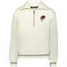 The EMB Augusta Women's Vintage England Heritage Prep Pullover is a cream quarter-zip sweater with grey trim, featuring a red rose and "1871" embroidered on the left chest.
