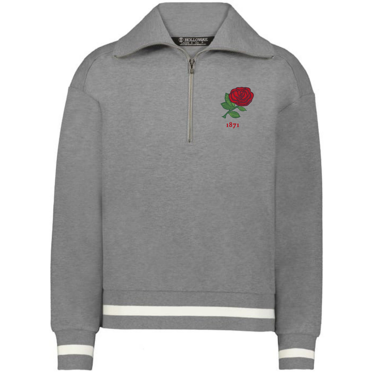 The EMB Augusta Women's Vintage England Heritage Prep Pullover is a grey quarter-zip sweater with white cuff and hem stripes, plus a red rose and "1871" on the left chest.