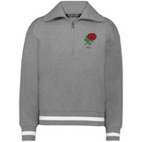 The EMB Augusta Women's Vintage England Heritage Prep Pullover is a grey quarter-zip sweater with white cuff and hem stripes, plus a red rose and "1871" on the left chest.