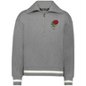 The EMB Augusta Women's Vintage England Heritage Prep Pullover is a grey quarter-zip sweater with white cuff and hem stripes, plus a red rose and "1871" on the left chest.