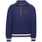 The EMB Augusta Women's Vintage England Heritage Prep Pullover is a navy blue quarter-zip with white-striped cuffs and hem, showcasing a red rose and "1971" embroidery on the left chest.