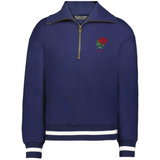 The EMB Augusta Women's Vintage England Heritage Prep Pullover is a navy blue quarter-zip with white-striped cuffs and hem, showcasing a red rose and "1971" embroidery on the left chest.