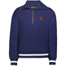 The EMB Augusta Women's Vintage England Heritage Prep Pullover is a navy blue quarter-zip with white-striped cuffs and hem, showcasing a red rose and "1971" embroidery on the left chest.