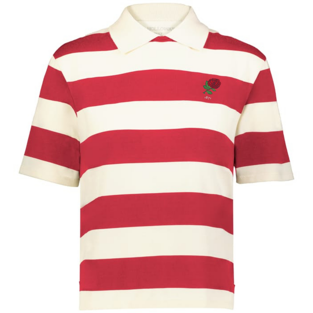 The EMB Augusta Women's Vintage England Prep Street Rugby Crop is a short-sleeved, collared tee with bold red and white stripes, an embroidered rose and "1977" on the chest—ideal for a prep-inspired street rugby style.
