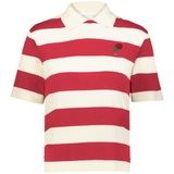 The EMB Augusta Women's Vintage England Prep Street Rugby Crop is a short-sleeved, collared tee with bold red and white stripes, an embroidered rose and "1977" on the chest—ideal for a prep-inspired street rugby style.