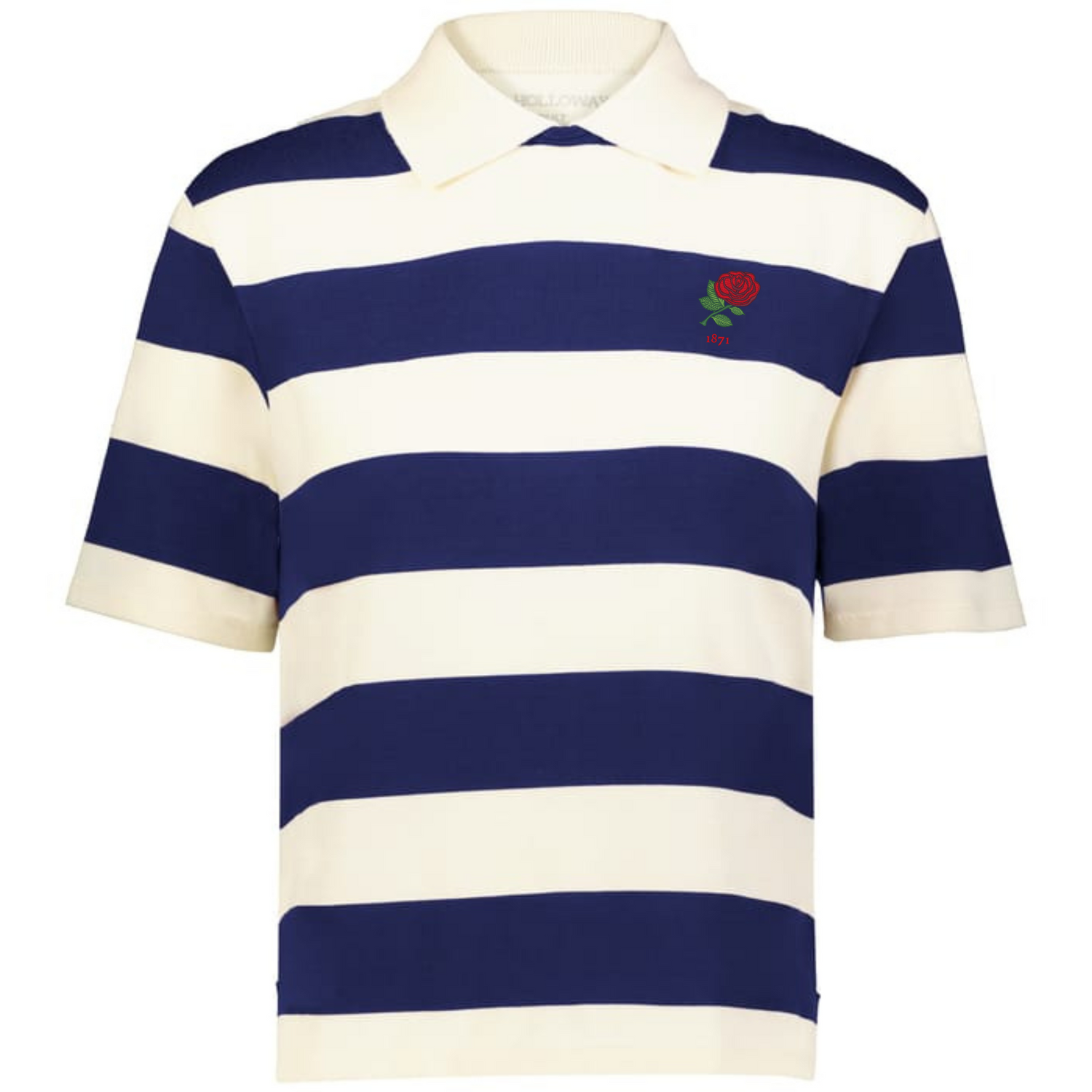 The EMB Augusta Women's Vintage England Prep Street Rugby Crop blends preppy street style with classic flair, highlighted by wide navy and white stripes, a crisp collar, and a small red rose emblem on the left chest.