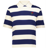 The EMB Augusta Women's Vintage England Prep Street Rugby Crop blends preppy street style with classic flair, highlighted by wide navy and white stripes, a crisp collar, and a small red rose emblem on the left chest.