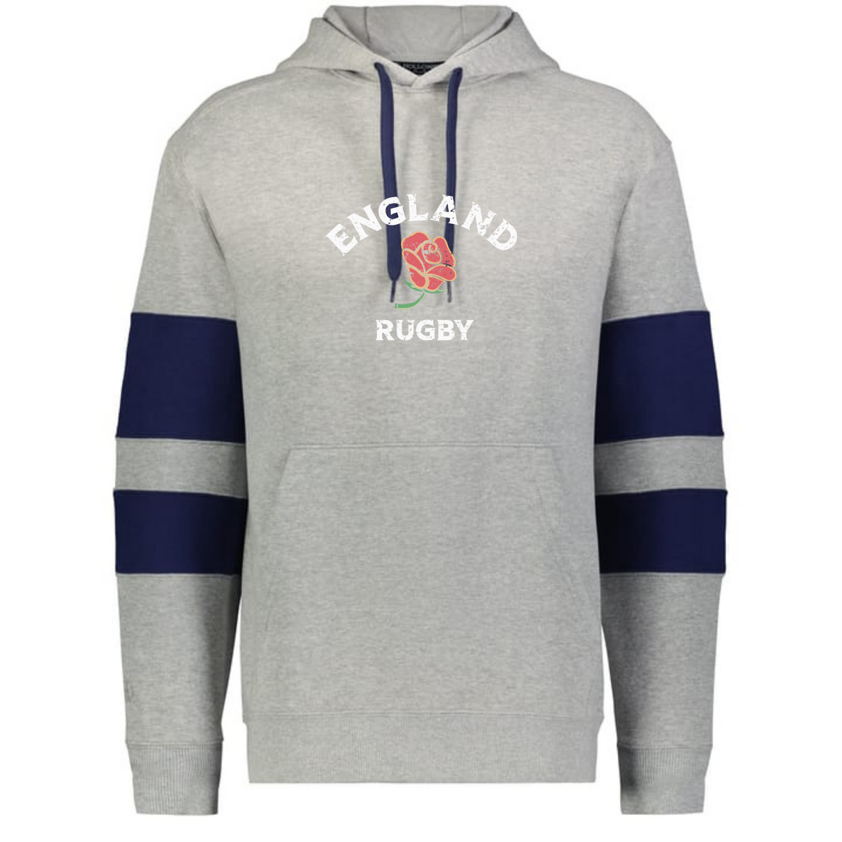 The WRS Augusta Nations of Rugby England Jackson Way Hoodie features light grey fabric, navy sleeve stripes, a front pocket, and "ENGLAND RUGBY" text with a red rose graphic on the chest.