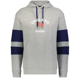 The WRS Augusta Nations of Rugby England Jackson Way Hoodie features light grey fabric, navy sleeve stripes, a front pocket, and "ENGLAND RUGBY" text with a red rose graphic on the chest.