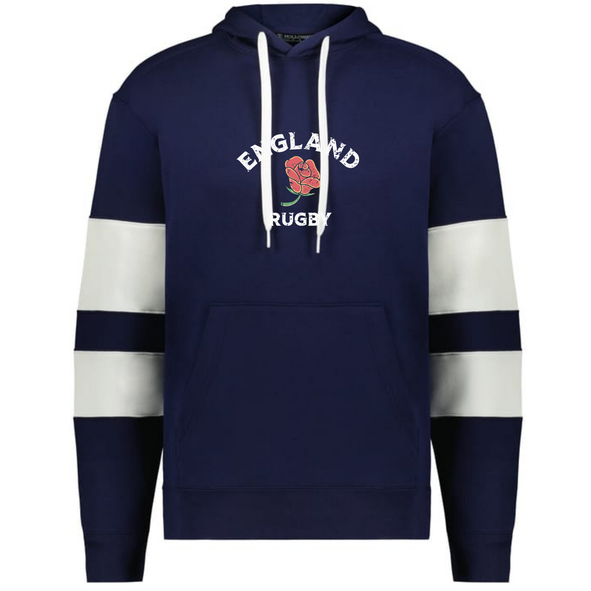 The WRS Augusta Nations of Rugby England Jackson Way Hoodie showcases a navy design with white and navy sleeve stripes, a front pocket, and an "England Rugby" logo with red rose on the chest.