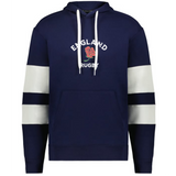 The WRS Augusta Nations of Rugby England Jackson Way Hoodie showcases a navy design with white and navy sleeve stripes, a front pocket, and an "England Rugby" logo with red rose on the chest.