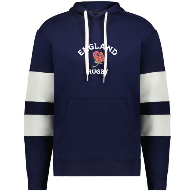 The WRS Augusta Nations of Rugby England Jackson Way Hoodie showcases a navy design with white and navy sleeve stripes, a front pocket, and an "England Rugby" logo with red rose on the chest.