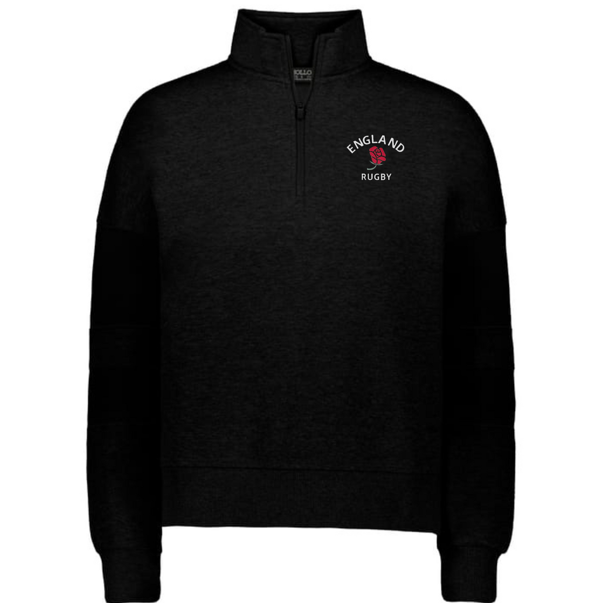 The EMB Augusta Women's Nations of Rugby England Jackson Way Pullover is a black quarter-zip featuring "ENGLAND RUGBY" and a red rose logo on the left chest, perfect for fans wanting sporty style and comfort.