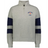 The EMB Augusta Women's Nations of Rugby England Jackson Way Pullover is a light grey quarter-zip with navy sleeve stripes and a red rose "England Rugby" logo on the left chest, combining sporty style and comfort.