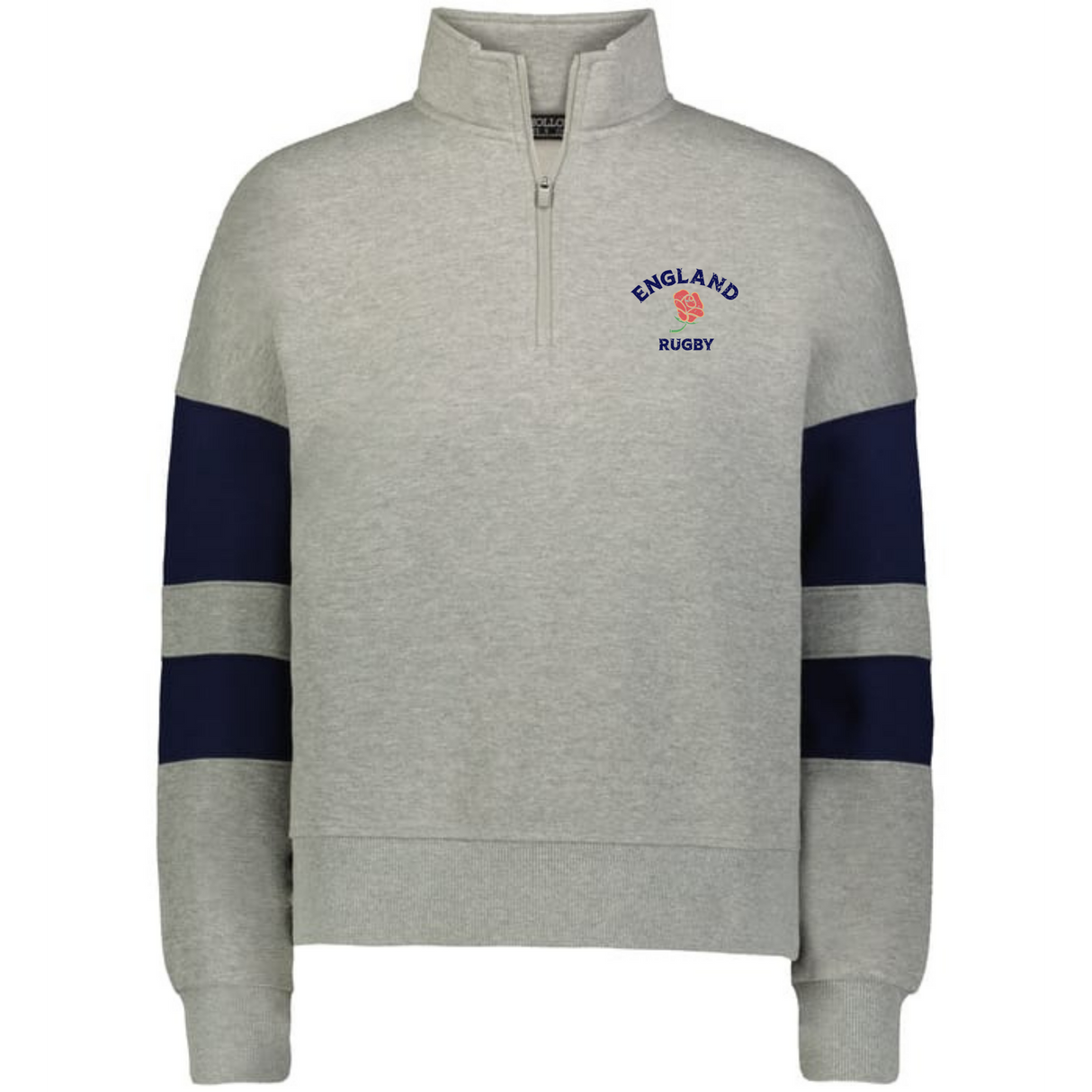 The EMB Augusta Women's Nations of Rugby England Jackson Way Pullover is a light grey quarter-zip with navy sleeve stripes and a red rose "England Rugby" logo on the left chest, combining sporty style and comfort.