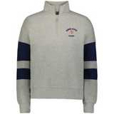 The EMB Augusta Women's Nations of Rugby England Jackson Way Pullover is a light grey quarter-zip with navy sleeve stripes and a red rose "England Rugby" logo on the left chest, combining sporty style and comfort.