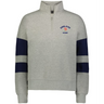 The EMB Augusta Women's Nations of Rugby England Jackson Way Pullover is a light grey quarter-zip with navy sleeve stripes and a red rose "England Rugby" logo on the left chest, combining sporty style and comfort.
