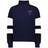The Women's Nations of Rugby England Jackson Way Pullover by EMB Augusta features navy blue fabric, white sleeve stripes, a quarter-zip collar, and a red rose emblem for sporty style and comfort.