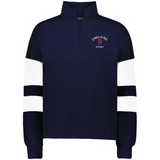 The Women's Nations of Rugby England Jackson Way Pullover by EMB Augusta features navy blue fabric, white sleeve stripes, a quarter-zip collar, and a red rose emblem for sporty style and comfort.