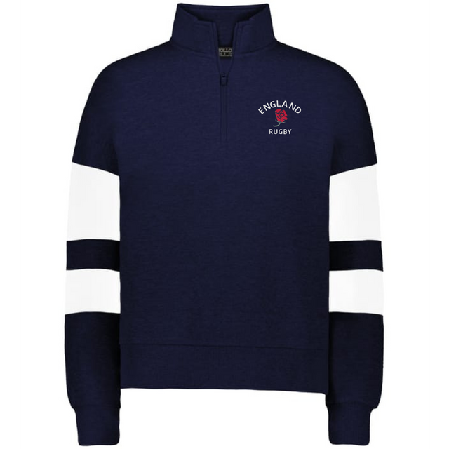 The Women's Nations of Rugby England Jackson Way Pullover by EMB Augusta features navy blue fabric, white sleeve stripes, a quarter-zip collar, and a red rose emblem for sporty style and comfort.