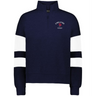 The Women's Nations of Rugby England Jackson Way Pullover by EMB Augusta features navy blue fabric, white sleeve stripes, a quarter-zip collar, and a red rose emblem for sporty style and comfort.