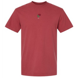 The England Vintage Comfort Tee by EMB S&S Activewear features a plain red design with a small embroidered red rose and "stay" below it on the chest, inspired by classic vintage England style.