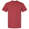 The England Vintage Comfort Tee by EMB S&S Activewear features a plain red design with a small embroidered red rose and "stay" below it on the chest, inspired by classic vintage England style.