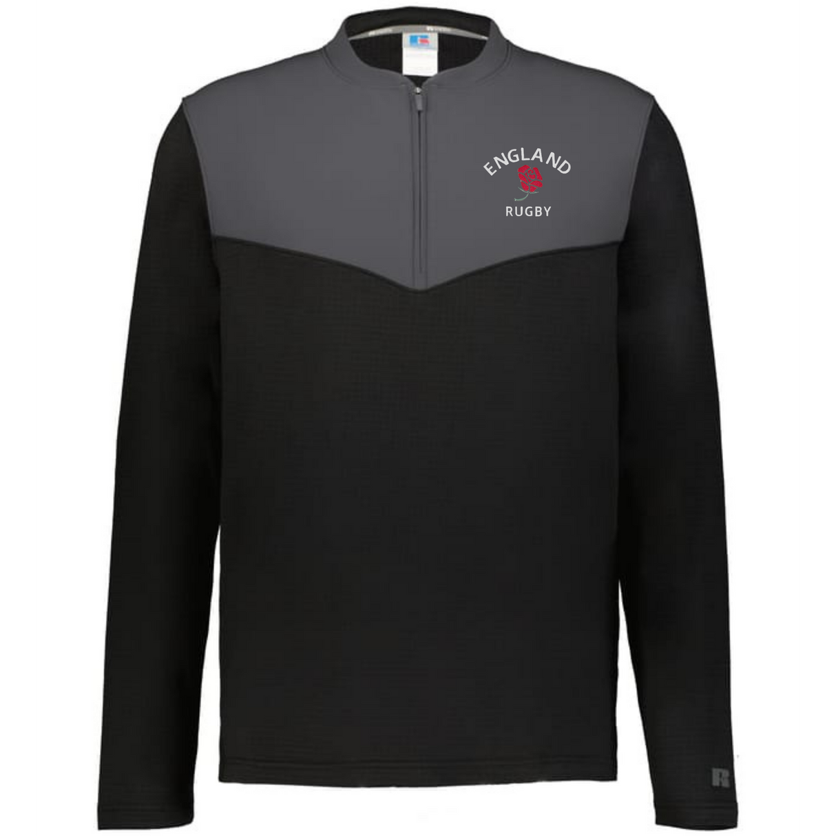 The EMB Augusta Nations of Rugby England Sideline Grid 1/4 Zip Pullover features a black and gray fleece design, "England Rugby" text, and a red rose logo—ideal for any rugby supporter.