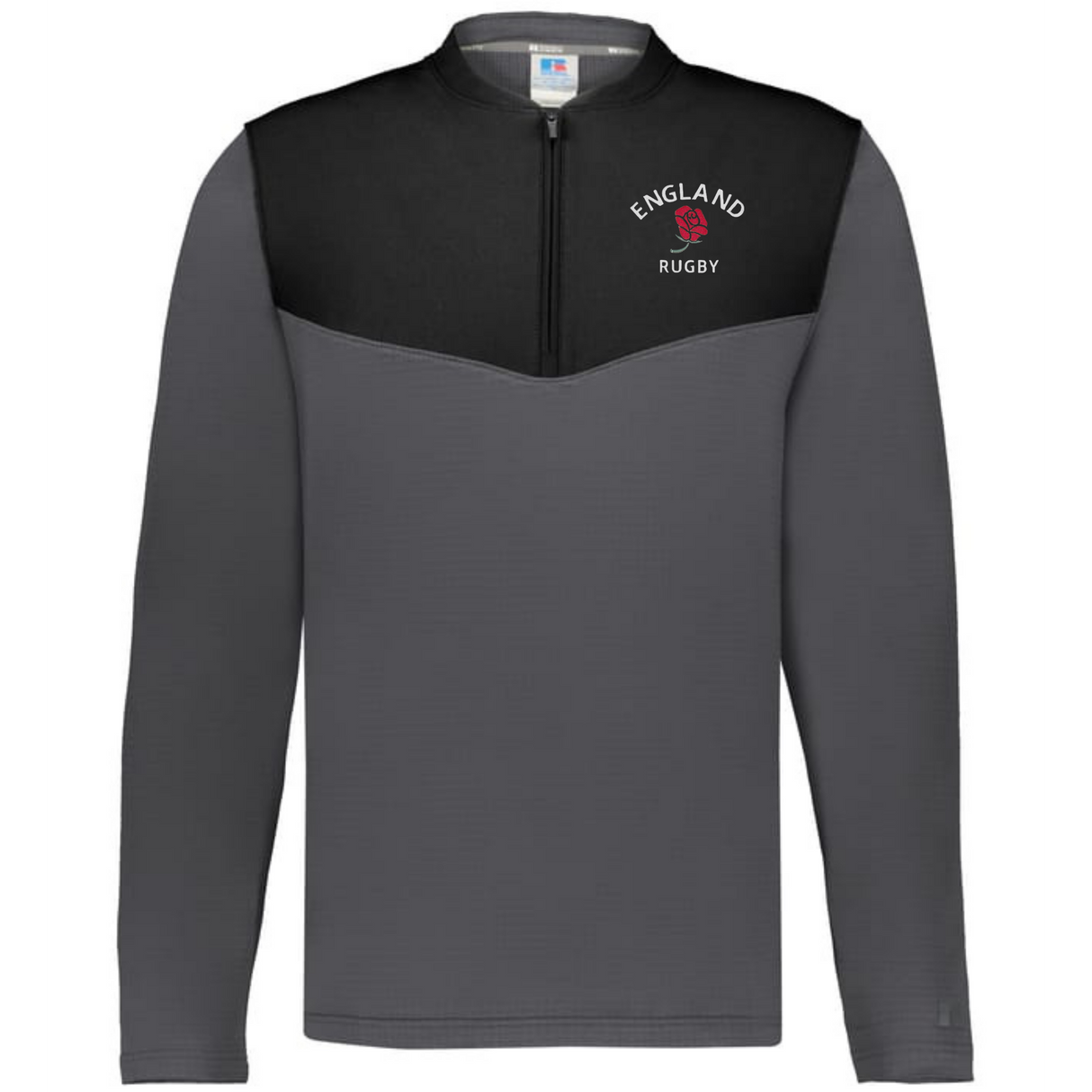 Show your pride with the EMB Augusta Nations of Rugby England Sideline Grid 1/4 Zip Pullover—gray and black, featuring "England Rugby" and a red rose logo on the chest. A must-have for any rugby supporter's collection.
