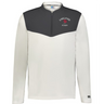 The EMB Augusta Nations of Rugby England Sideline Grid 1/4 Zip Pullover features a dark gray upper, light gray lower body and sleeves, and an "England Rugby" red rose logo—ideal for any rugby supporter’s collection.