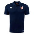 Navy blue polo shirt with an EMB Canterbury logo on the left chest, St. George's Cross badge on the right chest, and a button-up collar. This stylish piece is part of the EMB Canterbury England Shield Club Dry Polo range, offering both comfort and a nod to heritage.