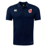 Navy blue polo shirt with an EMB Canterbury logo on the left chest, St. George's Cross badge on the right chest, and a button-up collar. This stylish piece is part of the EMB Canterbury England Shield Club Dry Polo range, offering both comfort and a nod to heritage.