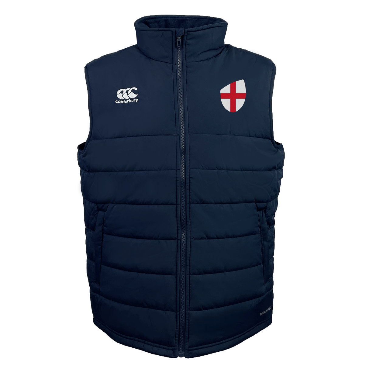 EMB Canterbury's England Shield Core Gilet is a navy blue padded vest with a zipper, featuring a white logo on the left chest and an England flag emblem on the right. It incorporates Thermoreg Insulation for optimal warmth and comfort.