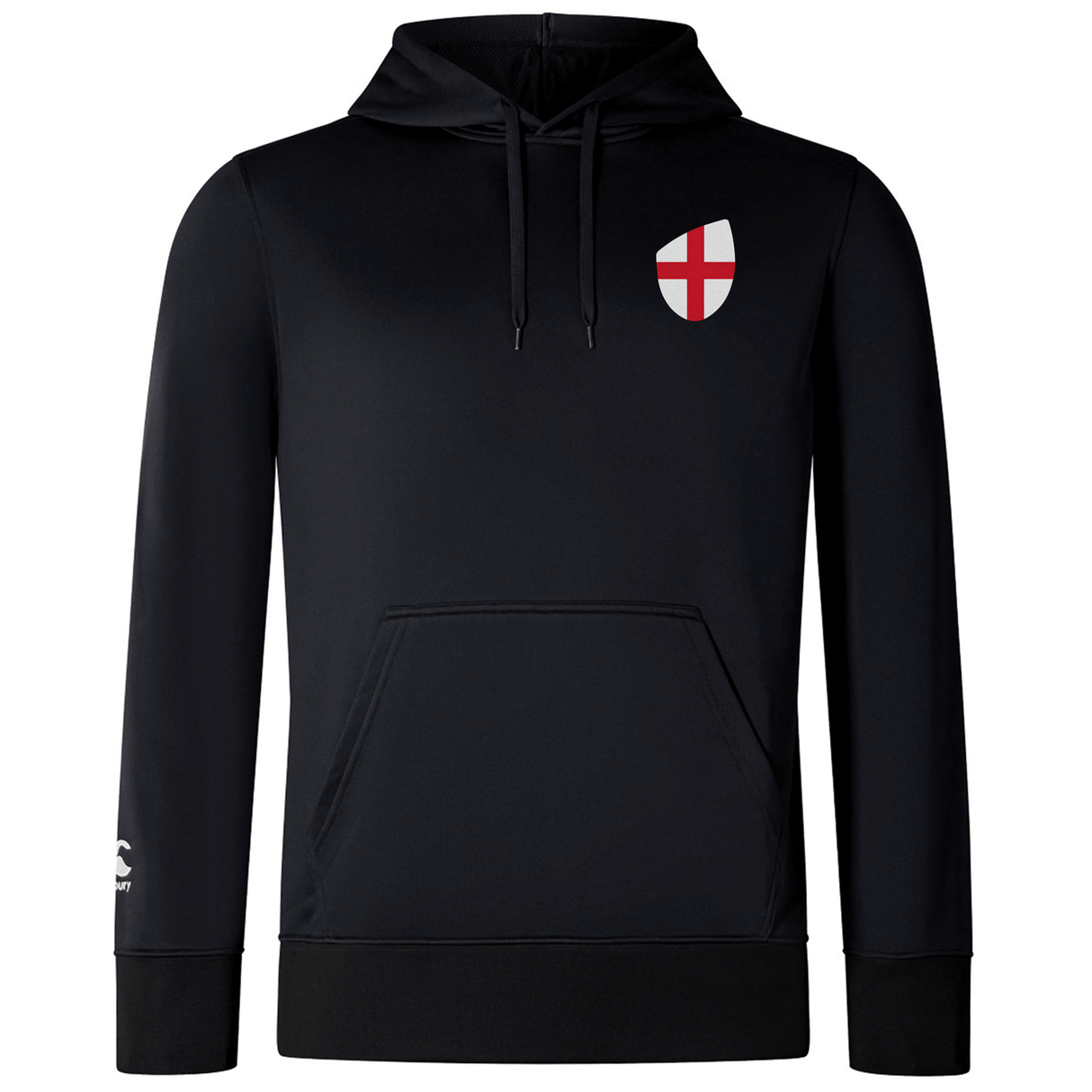 The EMB Canterbury England Shield Club Lightweight Hoodie is a black hooded sweatshirt, featuring a red and white England Shield on the chest with a front pocket, ideal for Rugby Supporters.