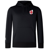The EMB Canterbury England Shield Club Lightweight Hoodie is a black hooded sweatshirt, featuring a red and white England Shield on the chest with a front pocket, ideal for Rugby Supporters.