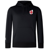 The EMB Canterbury England Shield Club Lightweight Hoodie is a black hooded sweatshirt, featuring a red and white England Shield on the chest with a front pocket, ideal for Rugby Supporters.