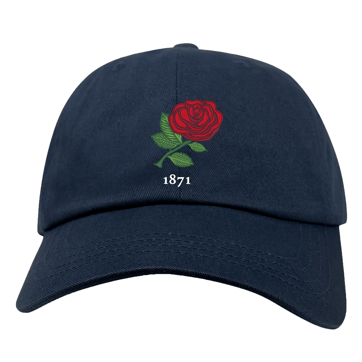 Navy blue Nations of Rugby England Vintage Dad Cap with an embroidered red rose and the numbers "1871" by EMB Alpha Broder.