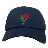 Navy blue Nations of Rugby England Vintage Dad Cap with an embroidered red rose and the numbers "1871" by EMB Alpha Broder.